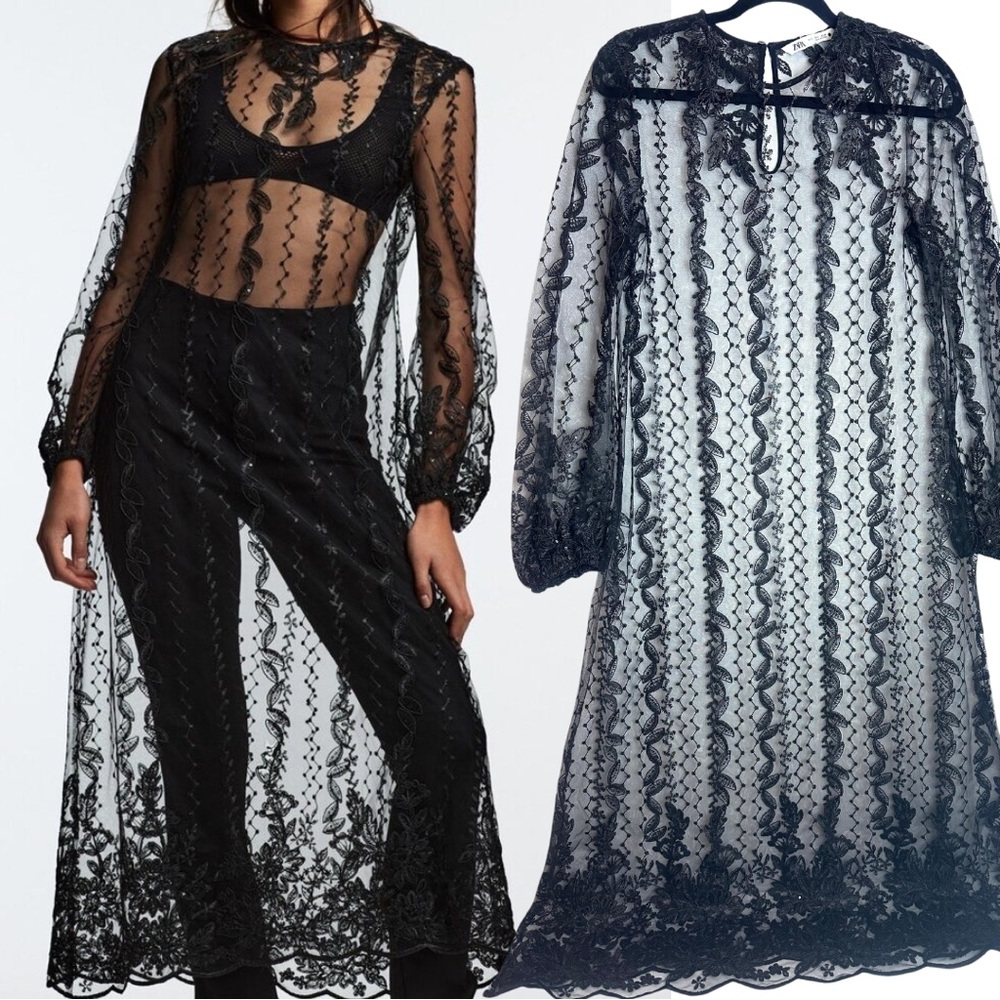 ♦️ Zara Maxi Length Long Sleeve Sheer Black Lace Tunic Dress Size Small